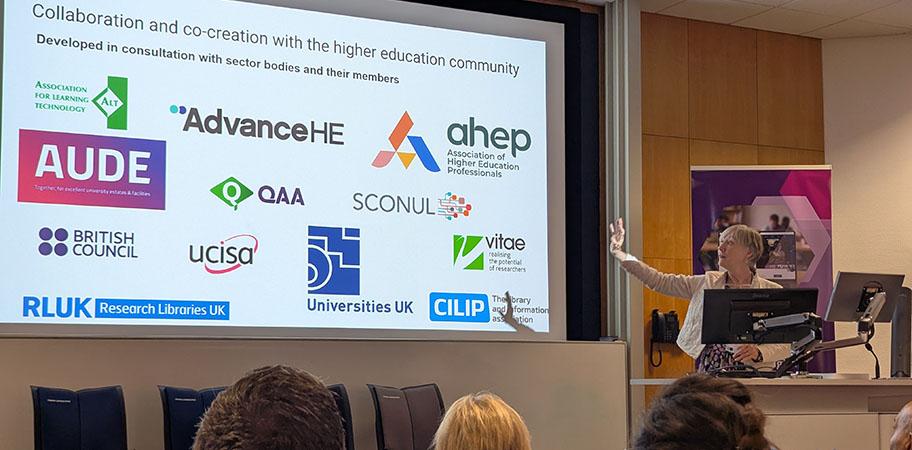 Heidi Fraser-Krauss, Jisc CEO, presenting at a digital transformation event