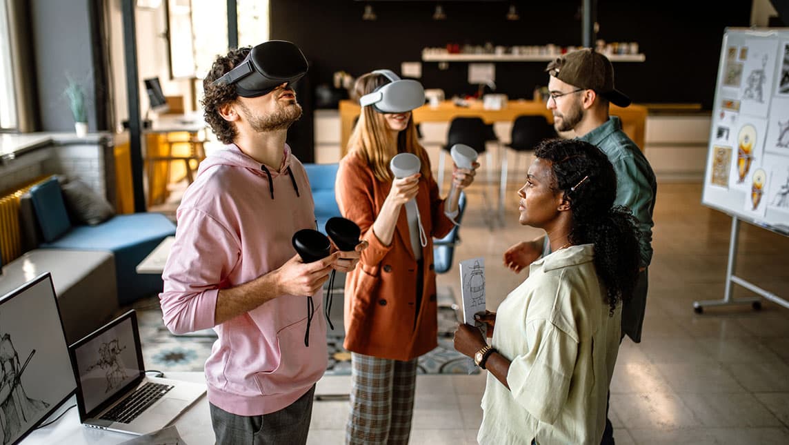 Group of students using VR headsets