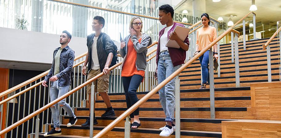 A group of students walking down a flight of stairs.